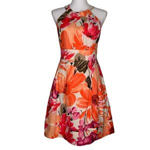 Eliza J Sleeveless Halter Fit & Flare Floral Dress, Pink White, 6, Wedding